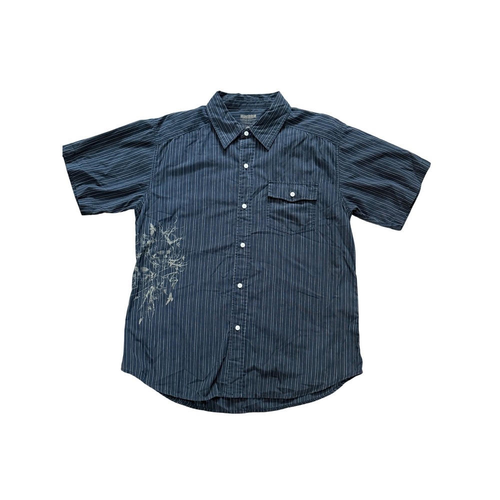 Machine Mens Black Pinstripe Button Up Short Sleeve Shirt Skull Y2K Skater SzL